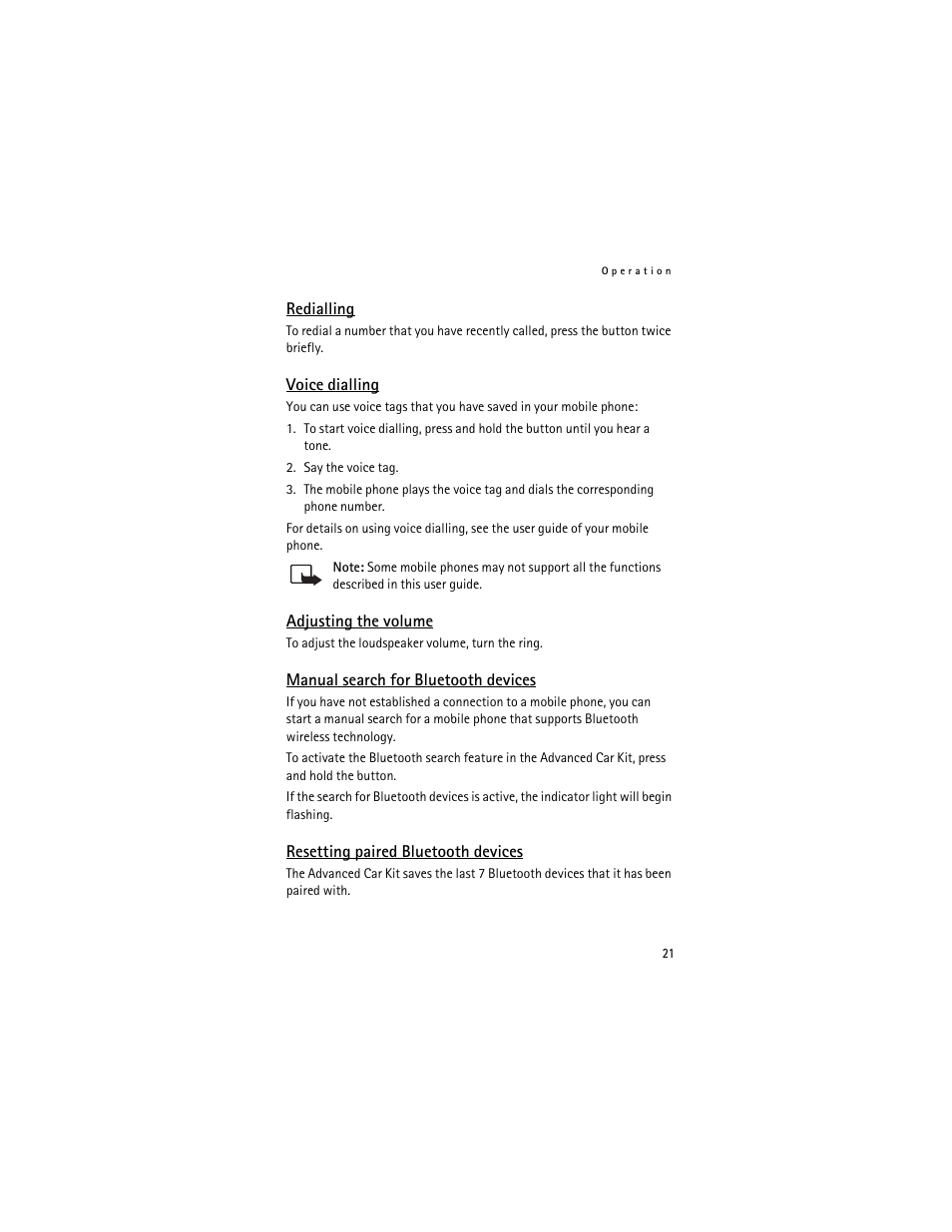 Redialling, Voice dialling, Adjusting the volume | Manual search for bluetooth devices, Resetting paired bluetooth devices | Nokia Advanced Car Kit CK-7W User Manual | Page 21 / 23