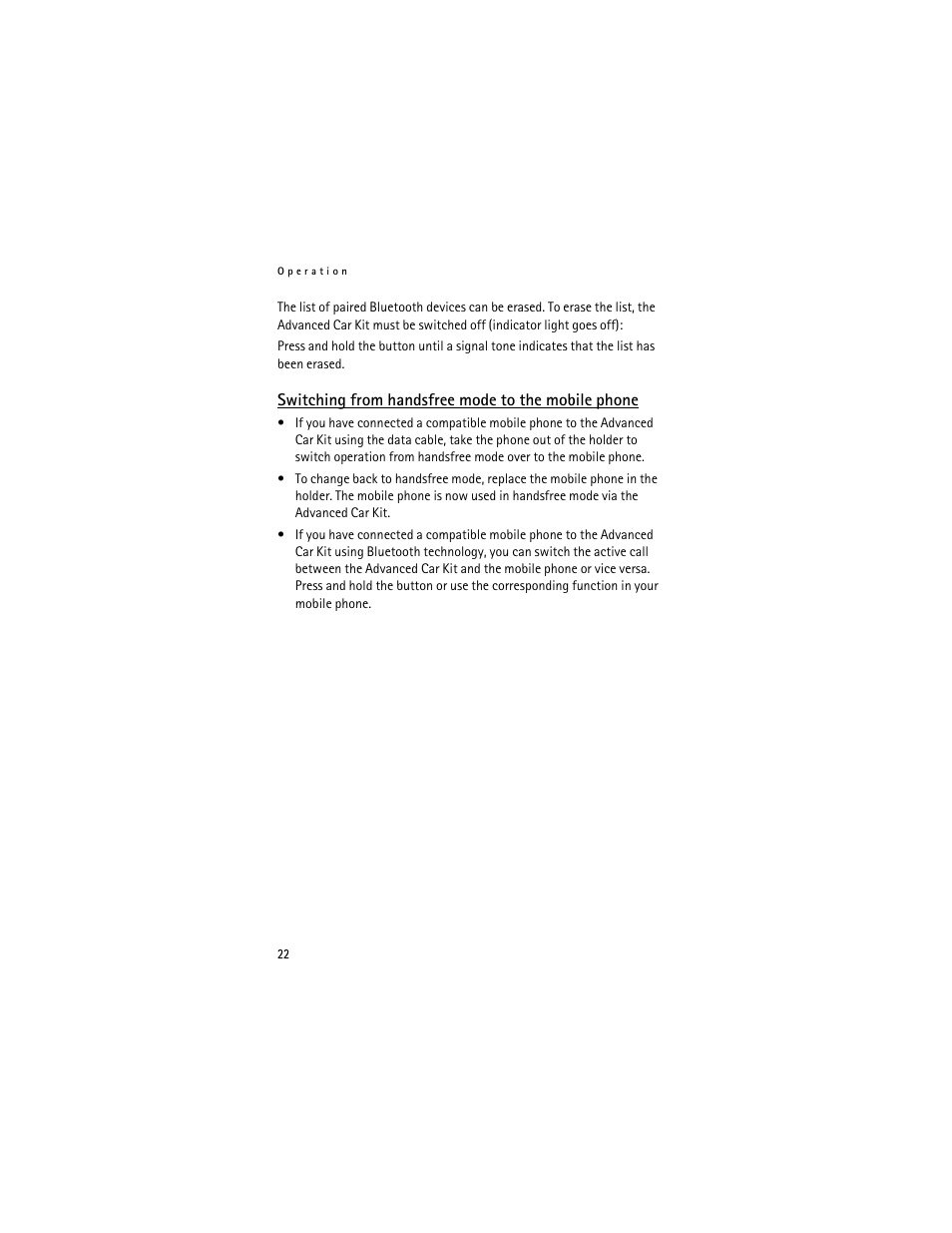 Switching from handsfree mode to the mobile phone | Nokia Advanced Car Kit CK-7W User Manual | Page 22 / 23