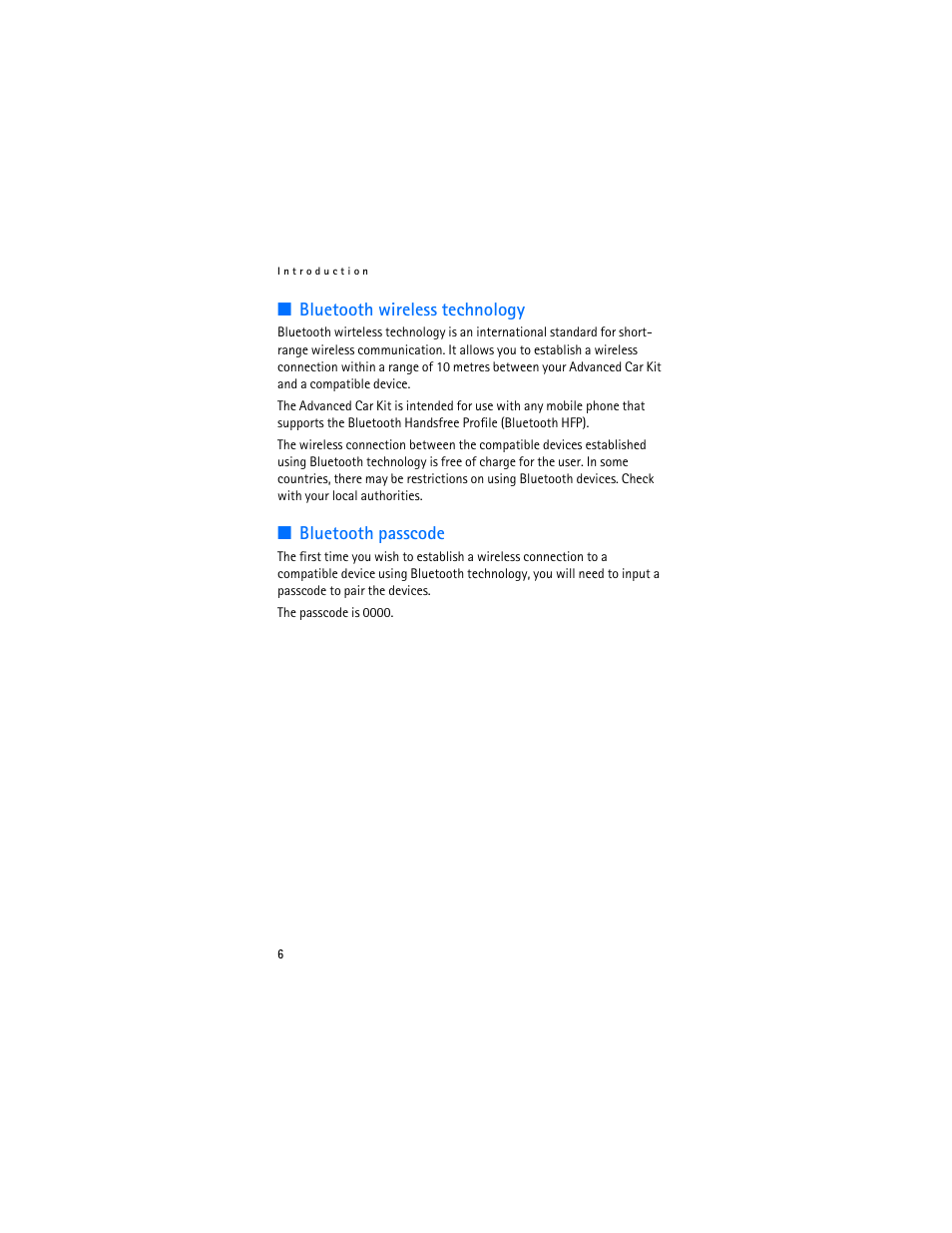 Bluetooth wireless technology, Bluetooth passcode, Bluetooth wireless technology bluetooth passcode | Nokia Advanced Car Kit CK-7W User Manual | Page 6 / 23