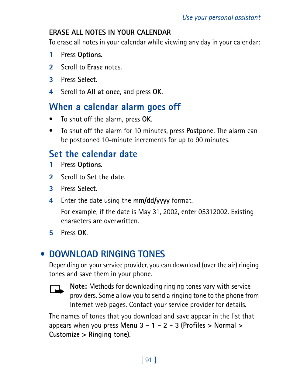 Download ringing tones, When a calendar alarm goes off, Set the calendar date | Nokia 8270 User Manual | Page 102 / 153