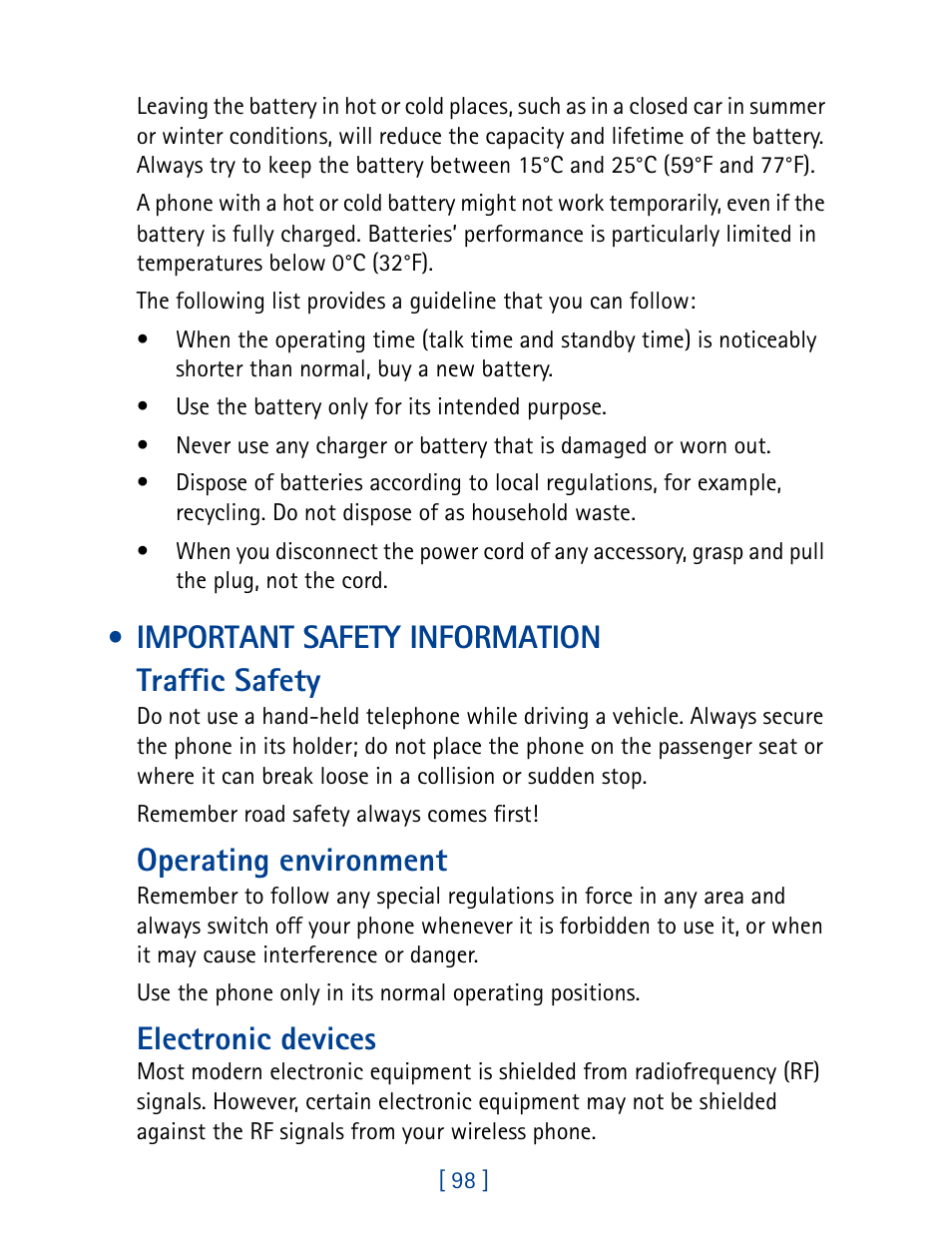 Important safety information, Important safety information traffic safety, Operating environment | Electronic devices | Nokia 8270 User Manual | Page 109 / 153