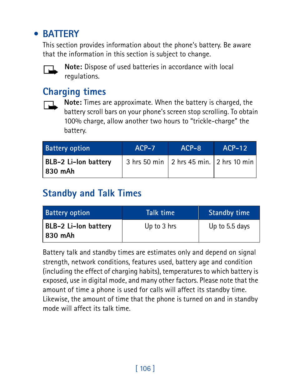 Battery, Charging times, Standby and talk times | Nokia 8270 User Manual | Page 117 / 153