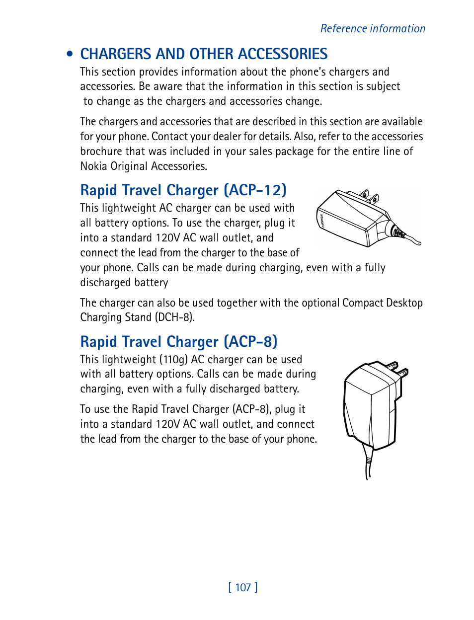 Chargers and other accessories, Rapid travel charger (acp-12), Rapid travel charger (acp-8) | Nokia 8270 User Manual | Page 118 / 153