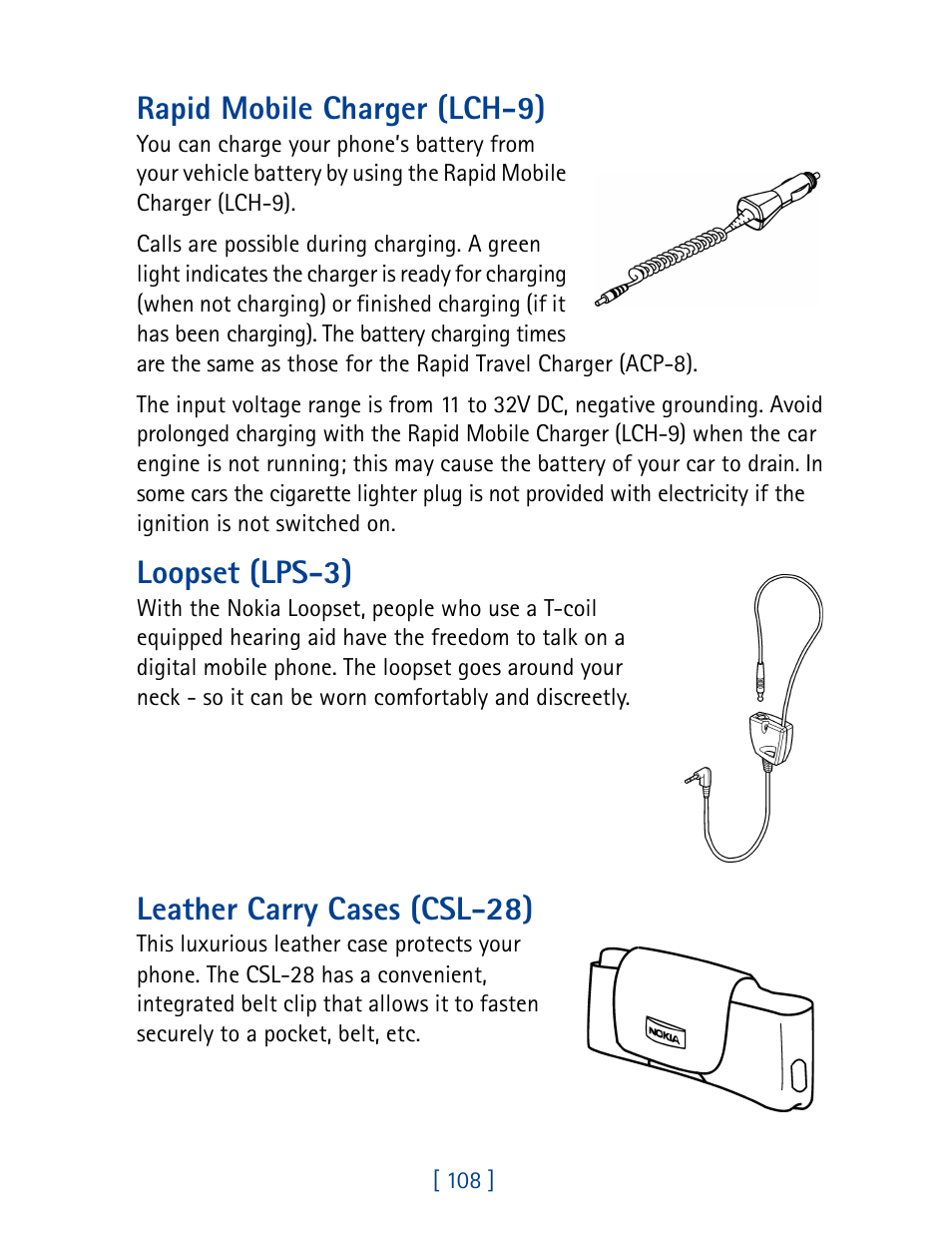 Rapid mobile charger (lch-9), Loopset (lps-3), Leather carry cases (csl-28) | Nokia 8270 User Manual | Page 119 / 153