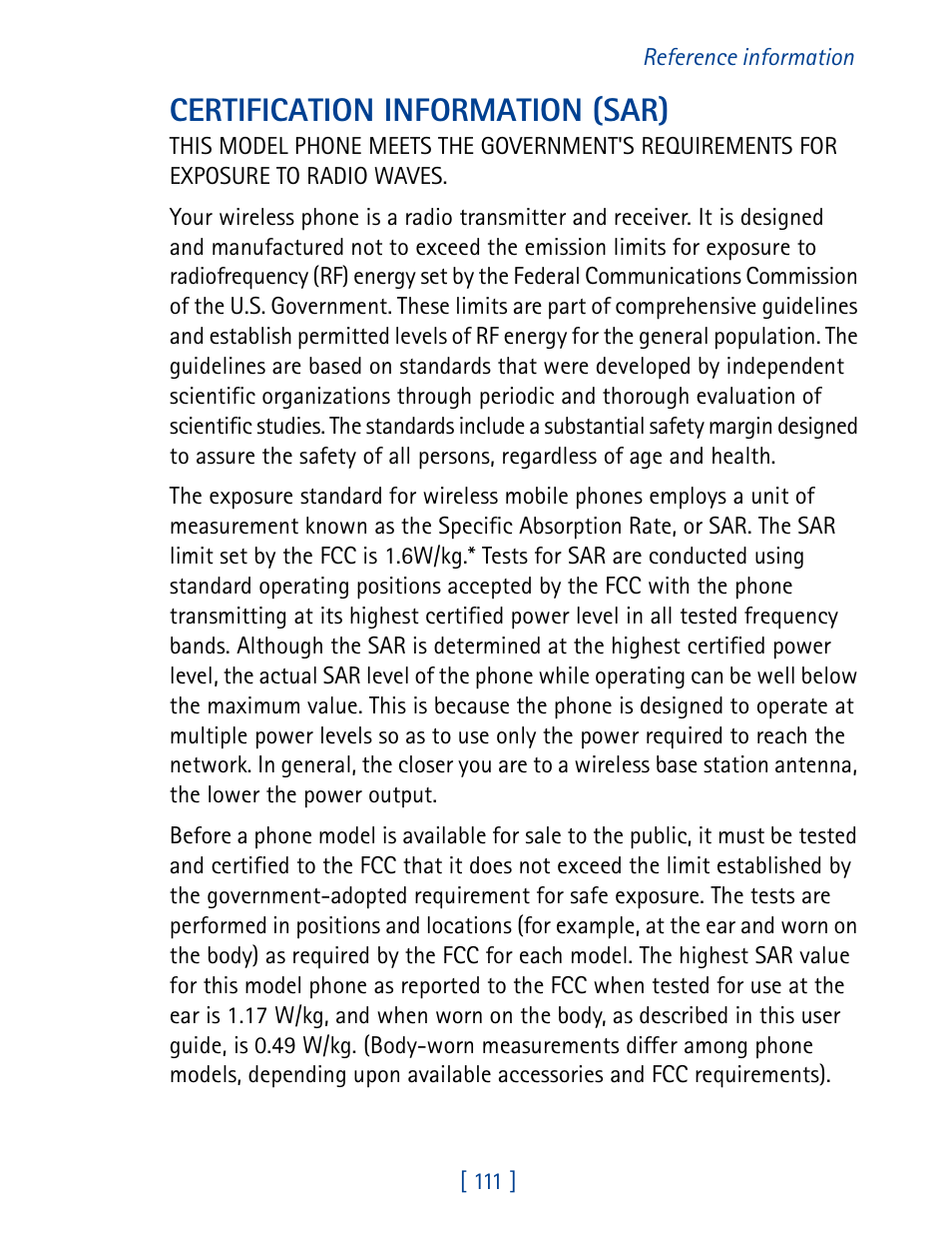 Certification information (sar) | Nokia 8270 User Manual | Page 122 / 153