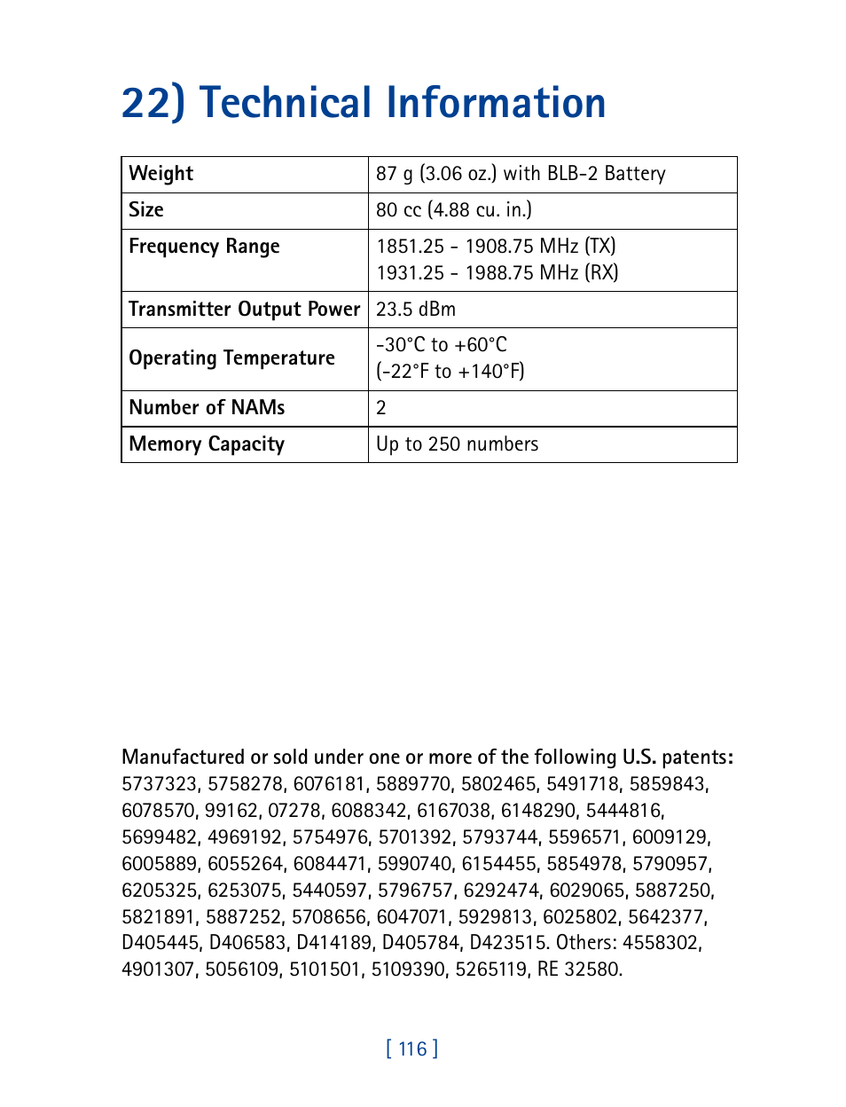 22) technical information | Nokia 8270 User Manual | Page 127 / 153