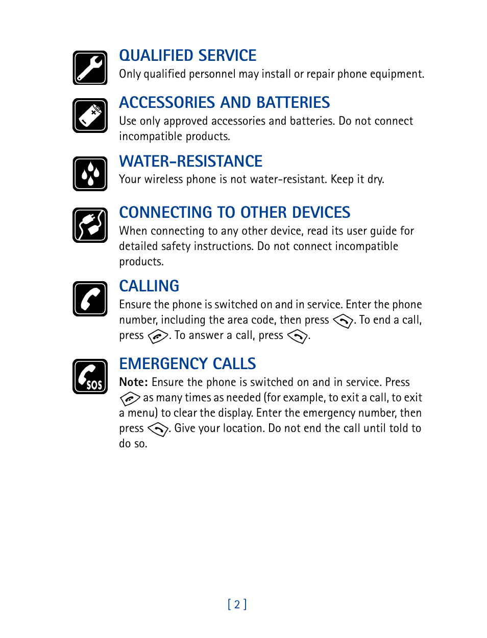 Qualified service, Accessories and batteries, Water-resistance | Connecting to other devices, Calling, Emergency calls | Nokia 8270 User Manual | Page 13 / 153