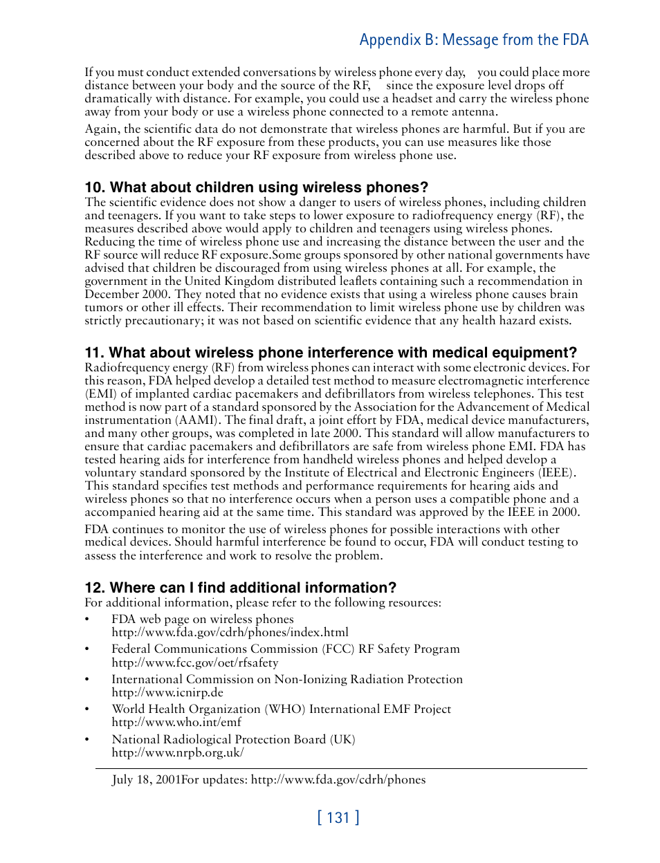 131 ] appendix b: message from the fda | Nokia 8270 User Manual | Page 142 / 153