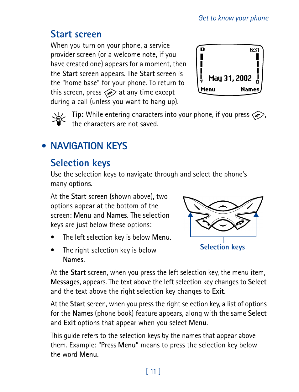 Navigation keys, Start screen, Navigation keys selection keys | Nokia 8270 User Manual | Page 22 / 153