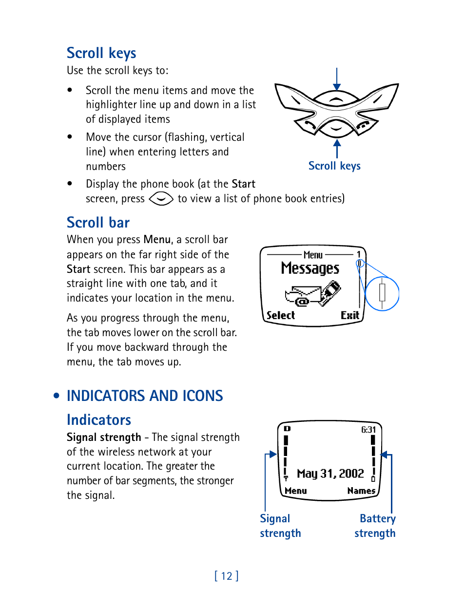 Indicators and icons, Scroll keys, Scroll bar | Indicators and icons indicators | Nokia 8270 User Manual | Page 23 / 153