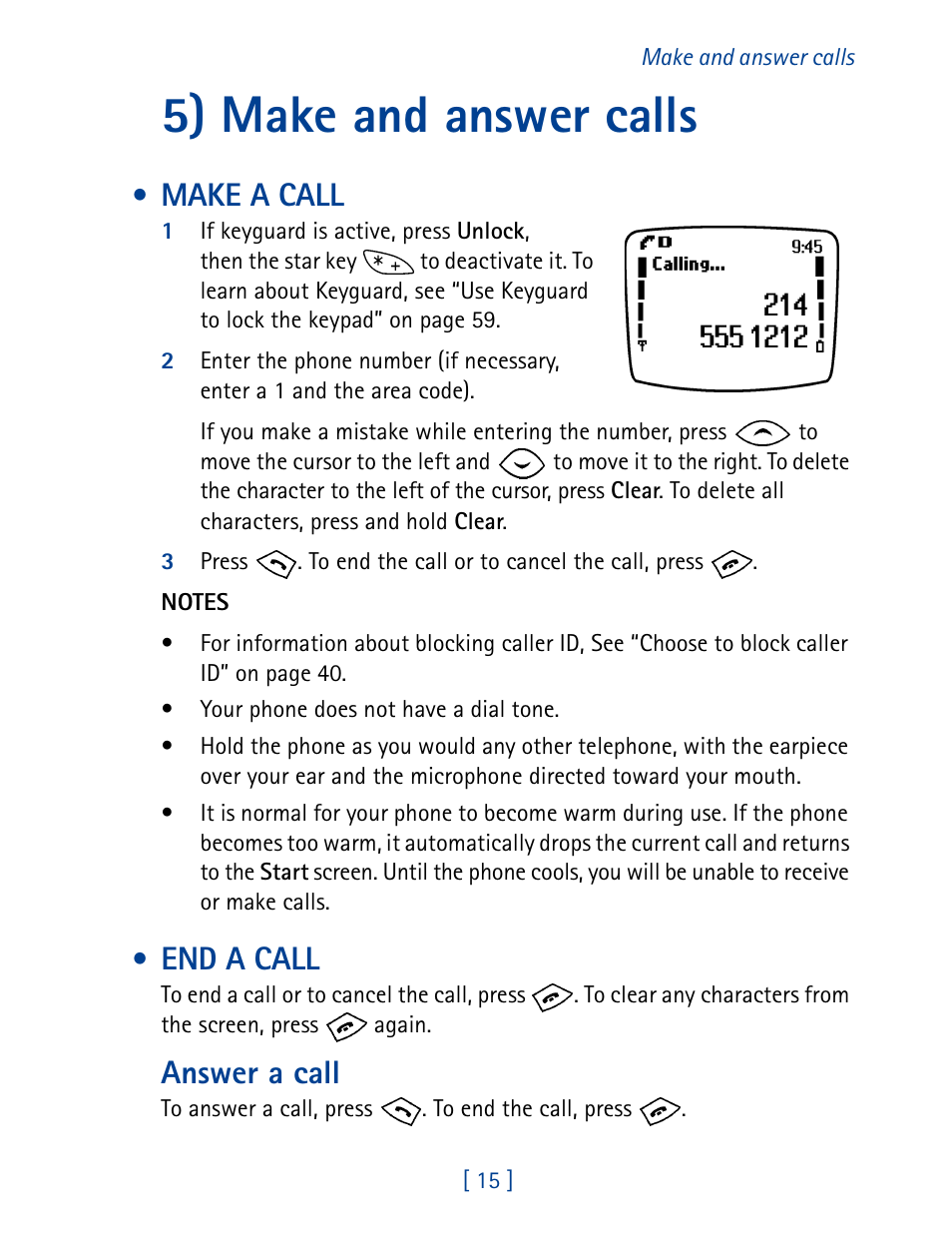 5) make and answer calls, Make a call, End a call | Answer a call | Nokia 8270 User Manual | Page 26 / 153