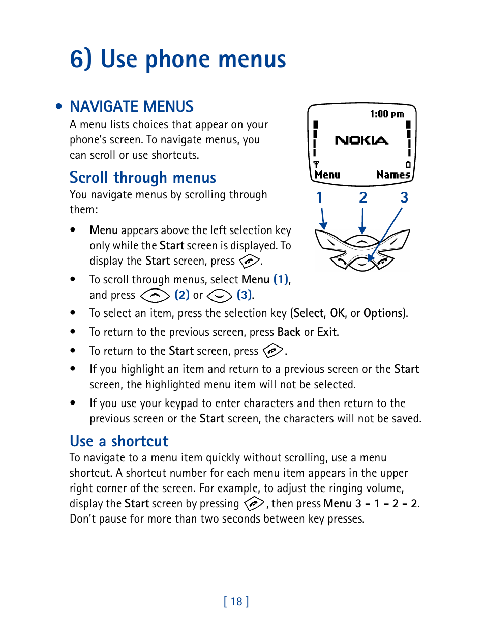 6) use phone menus, Navigate menus, Scroll through menus | Use a shortcut | Nokia 8270 User Manual | Page 29 / 153