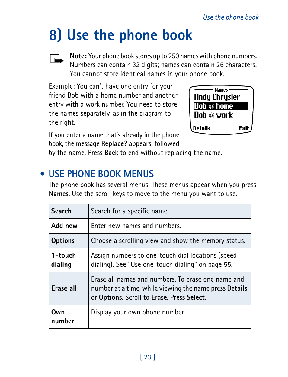8) use the phone book, Use phone book menus | Nokia 8270 User Manual | Page 34 / 153