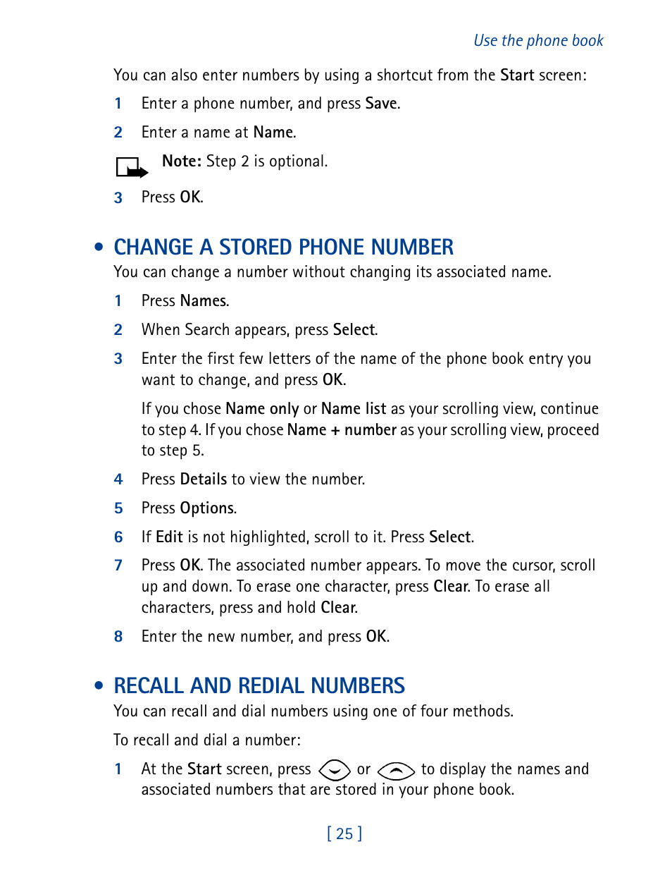 Change a stored phone number, Recall and redial numbers | Nokia 8270 User Manual | Page 36 / 153