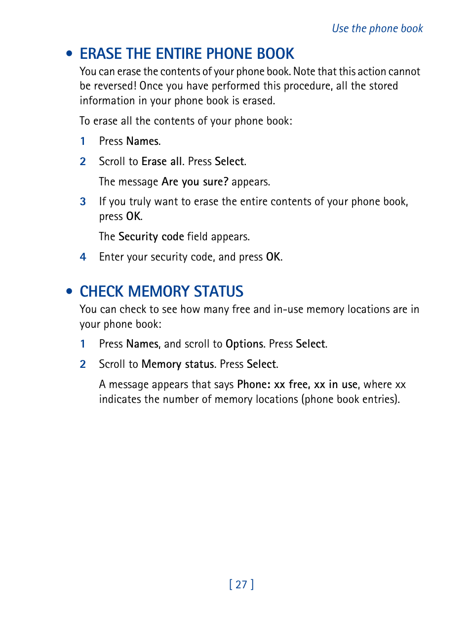 Erase the entire phone book, Check memory status | Nokia 8270 User Manual | Page 38 / 153