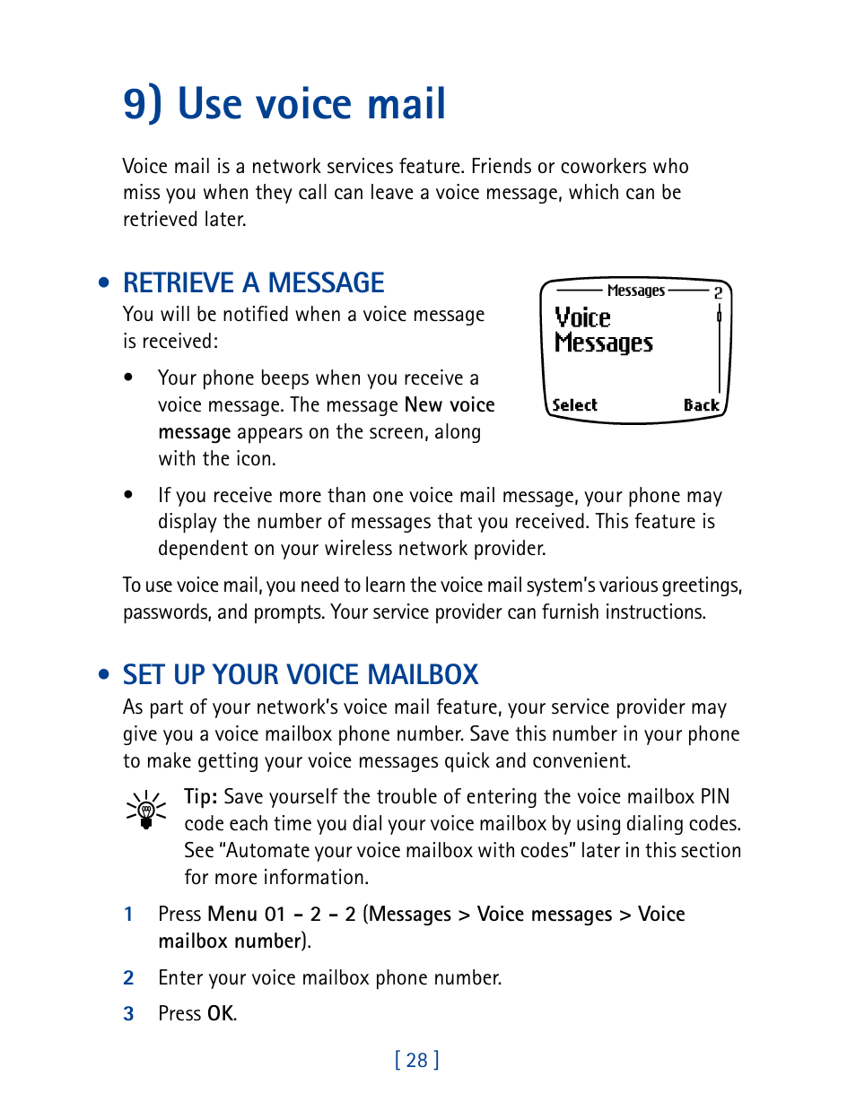 9) use voice mail, Retrieve a message, Set up your voice mailbox | Nokia 8270 User Manual | Page 39 / 153