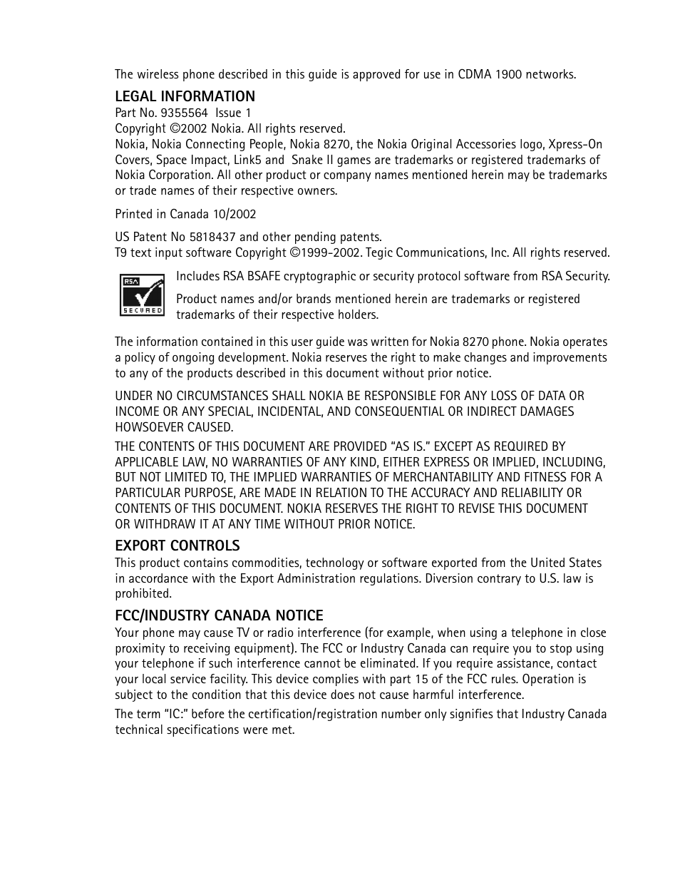 Legal information, Export controls, Fcc/industry canada notice | Nokia 8270 User Manual | Page 4 / 153