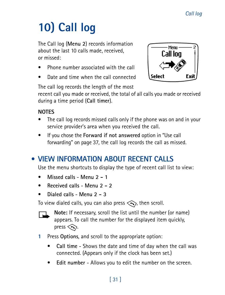 10) call log, View information about recent calls | Nokia 8270 User Manual | Page 42 / 153