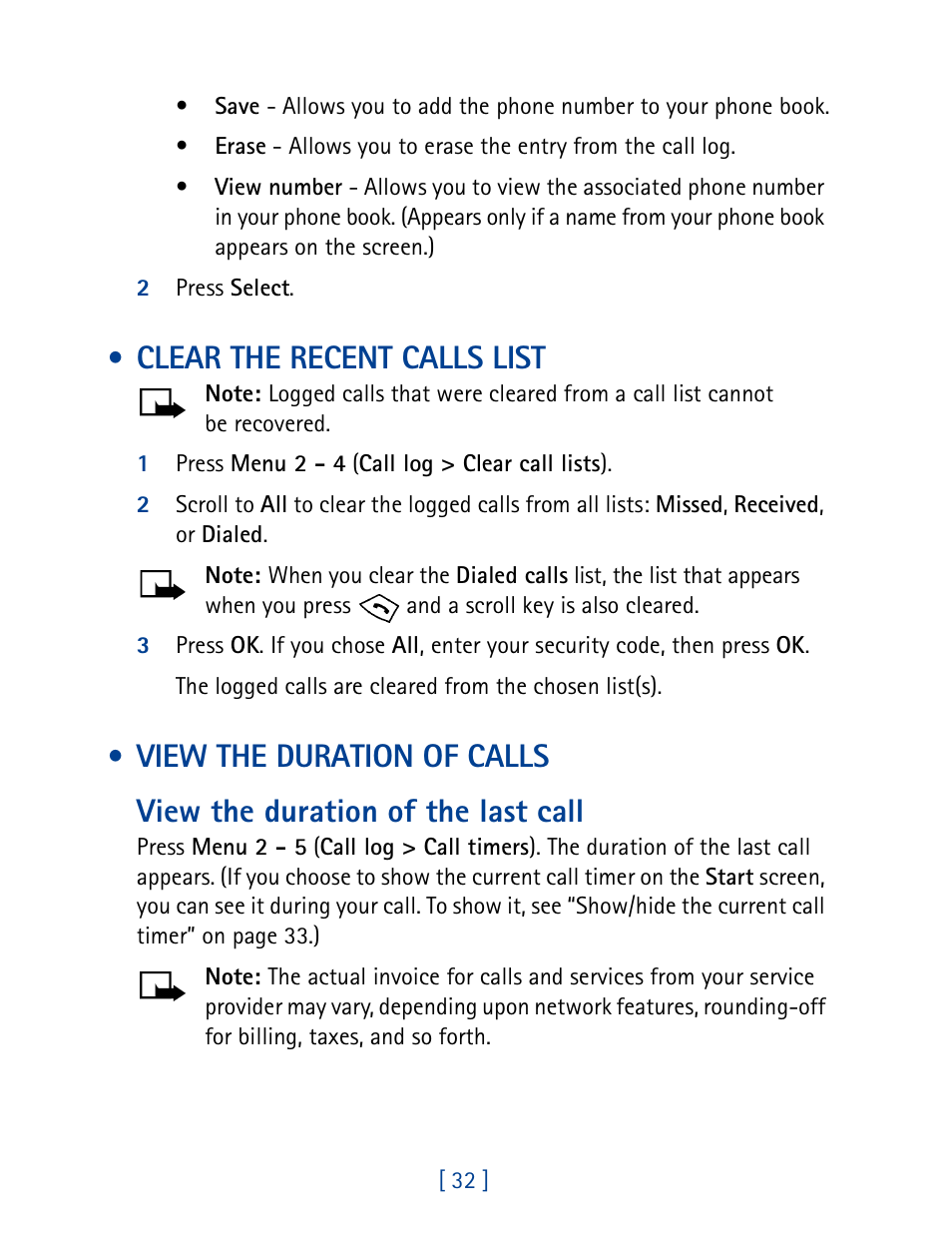 Clear the recent calls list, View the duration of calls | Nokia 8270 User Manual | Page 43 / 153