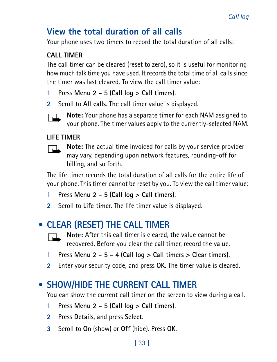 Clear (reset) the call timer, Show/hide the current call timer, View the total duration of all calls | Nokia 8270 User Manual | Page 44 / 153