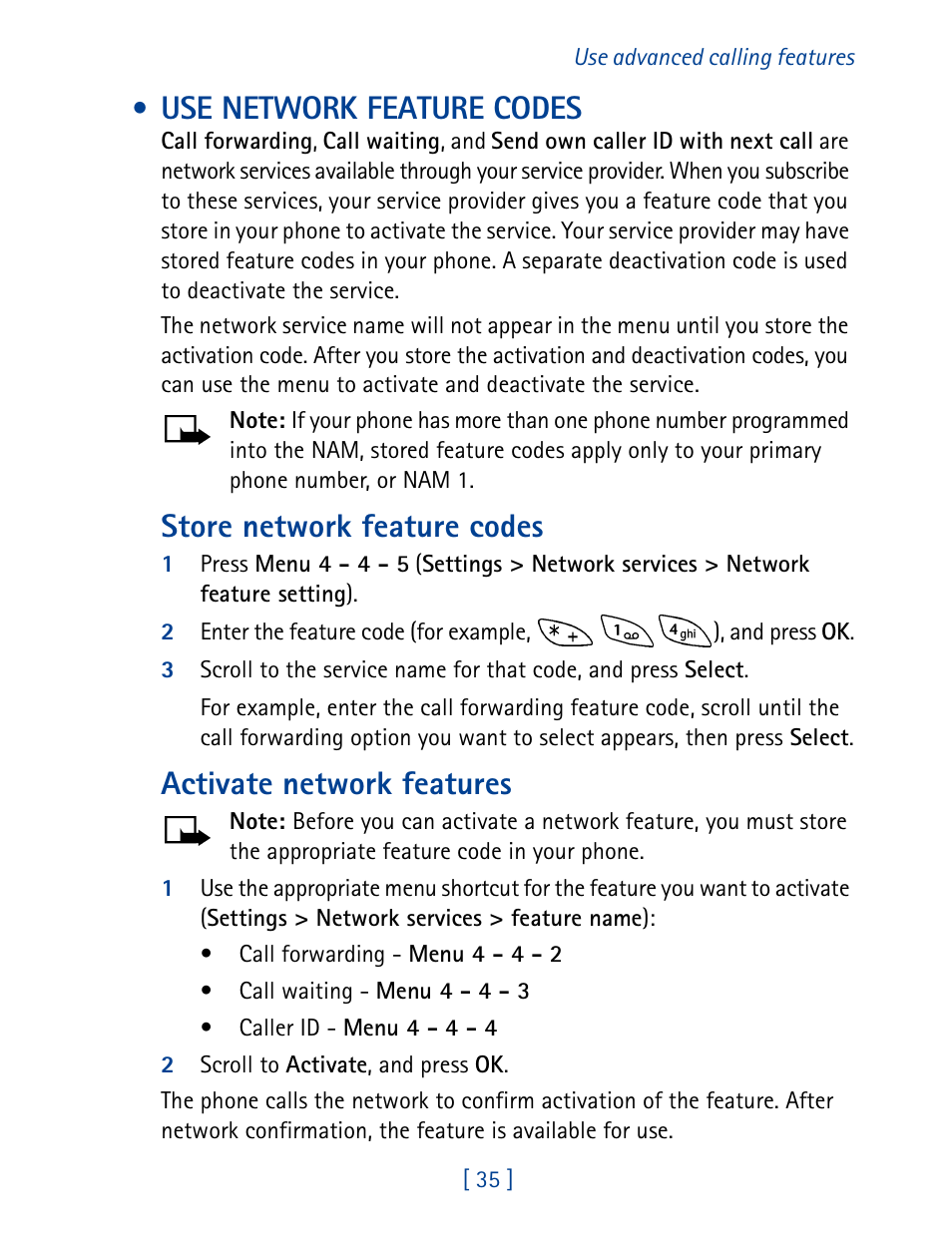 Use network feature codes, Store network feature codes, Activate network features | Nokia 8270 User Manual | Page 46 / 153