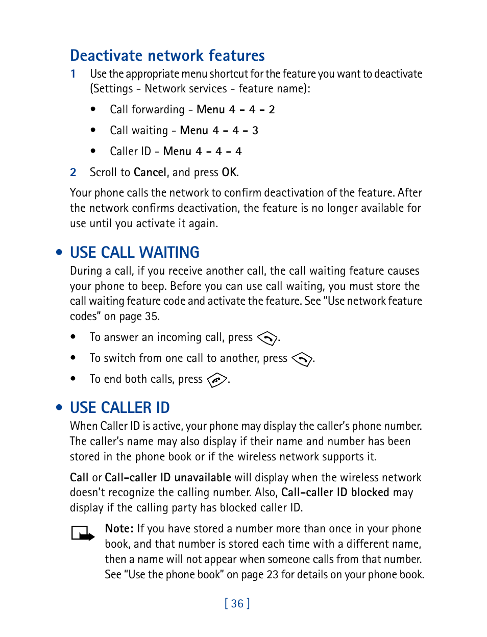 Use call waiting, Use caller id, Deactivate network features | Nokia 8270 User Manual | Page 47 / 153