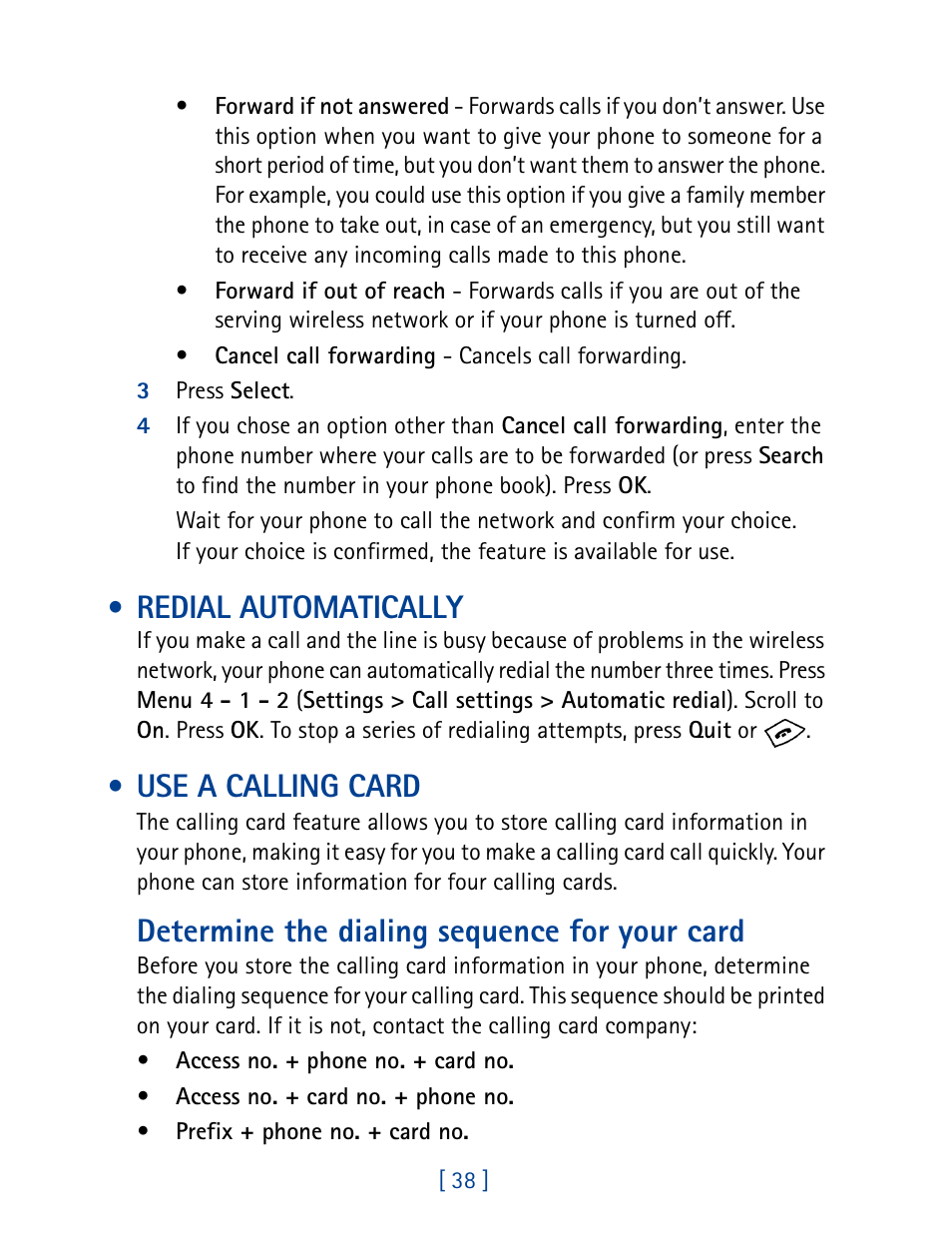 Redial automatically, Use a calling card, Determine the dialing sequence for your card | Nokia 8270 User Manual | Page 49 / 153