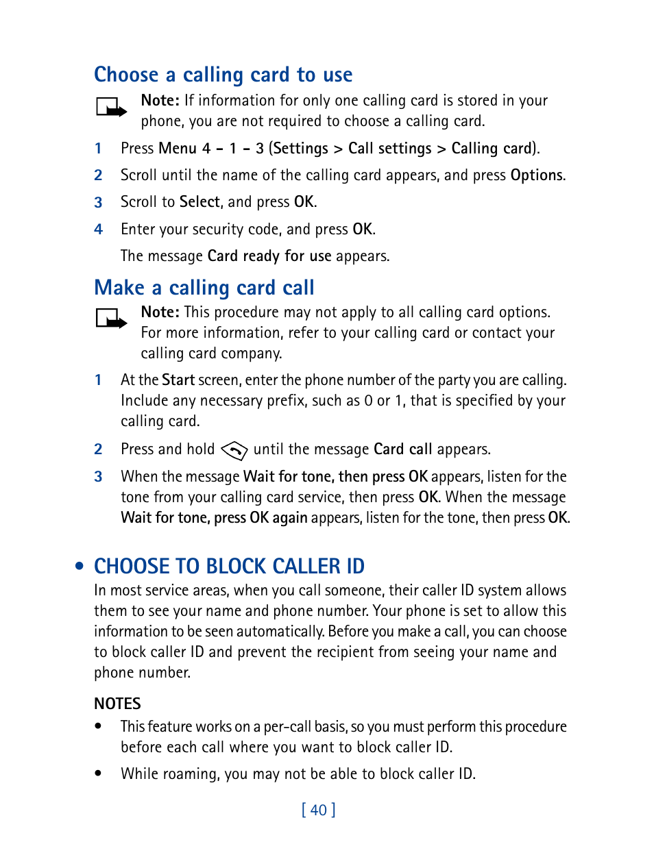 Choose to block caller id, Choose a calling card to use, Make a calling card call | Nokia 8270 User Manual | Page 51 / 153