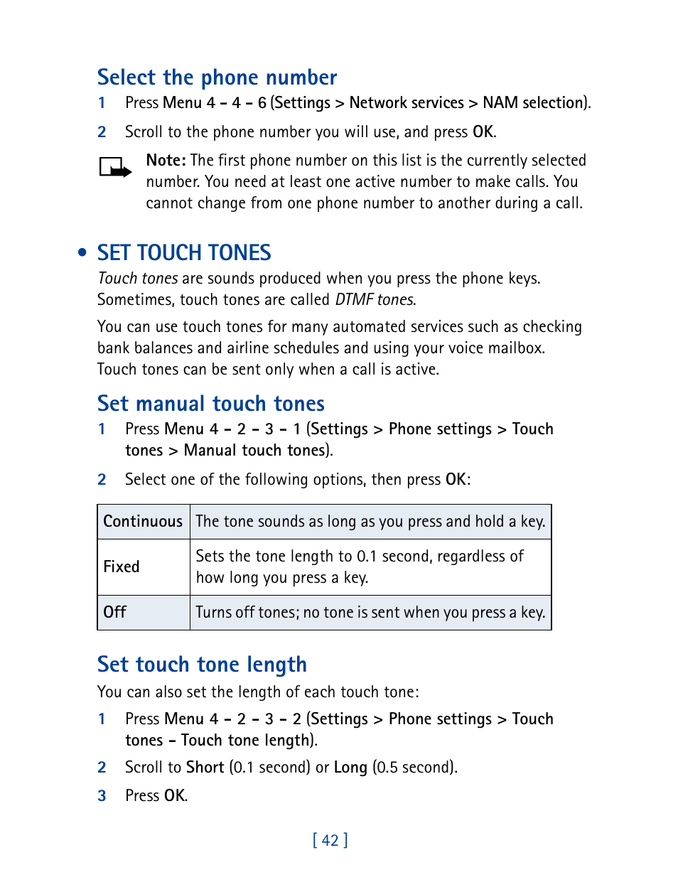 Set touch tones, Select the phone number, Set manual touch tones | Set touch tone length | Nokia 8270 User Manual | Page 53 / 153
