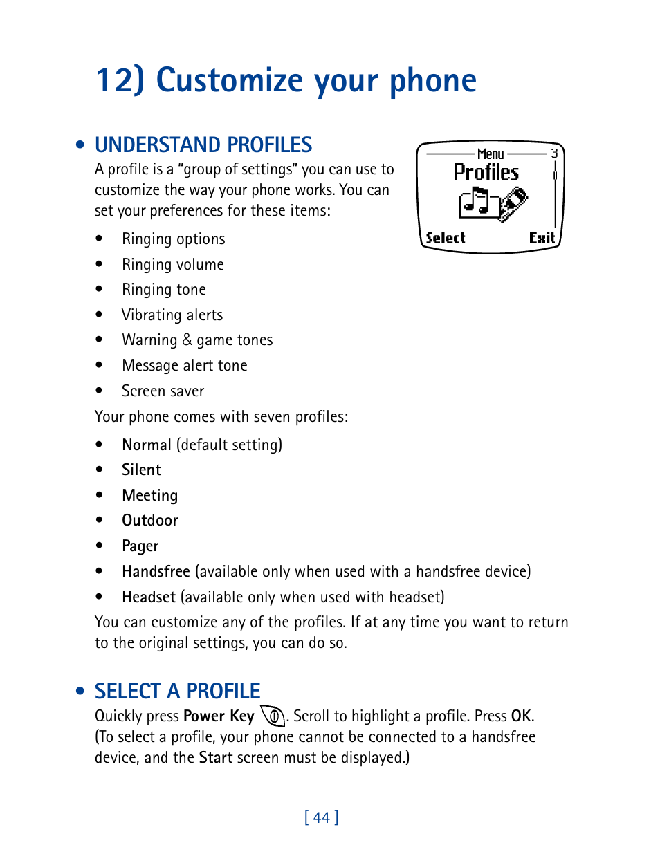 12) customize your phone, Understand profiles, Select a profile | Nokia 8270 User Manual | Page 55 / 153