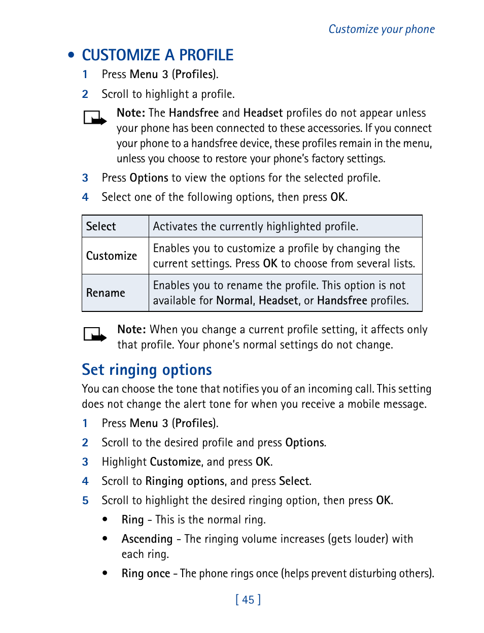 Customize a profile, Set ringing options | Nokia 8270 User Manual | Page 56 / 153