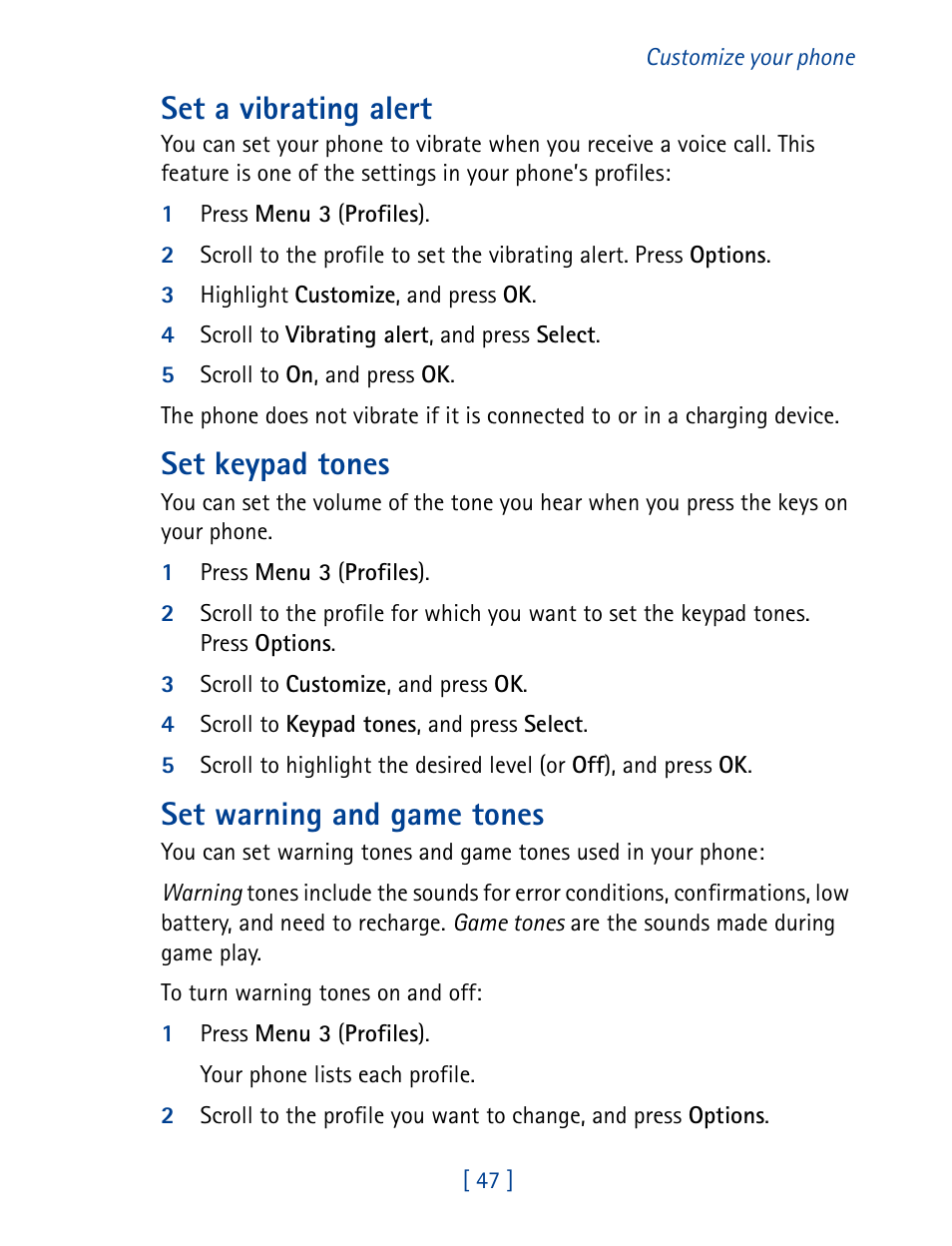 Set a vibrating alert, Set keypad tones, Set warning and game tones | Nokia 8270 User Manual | Page 58 / 153