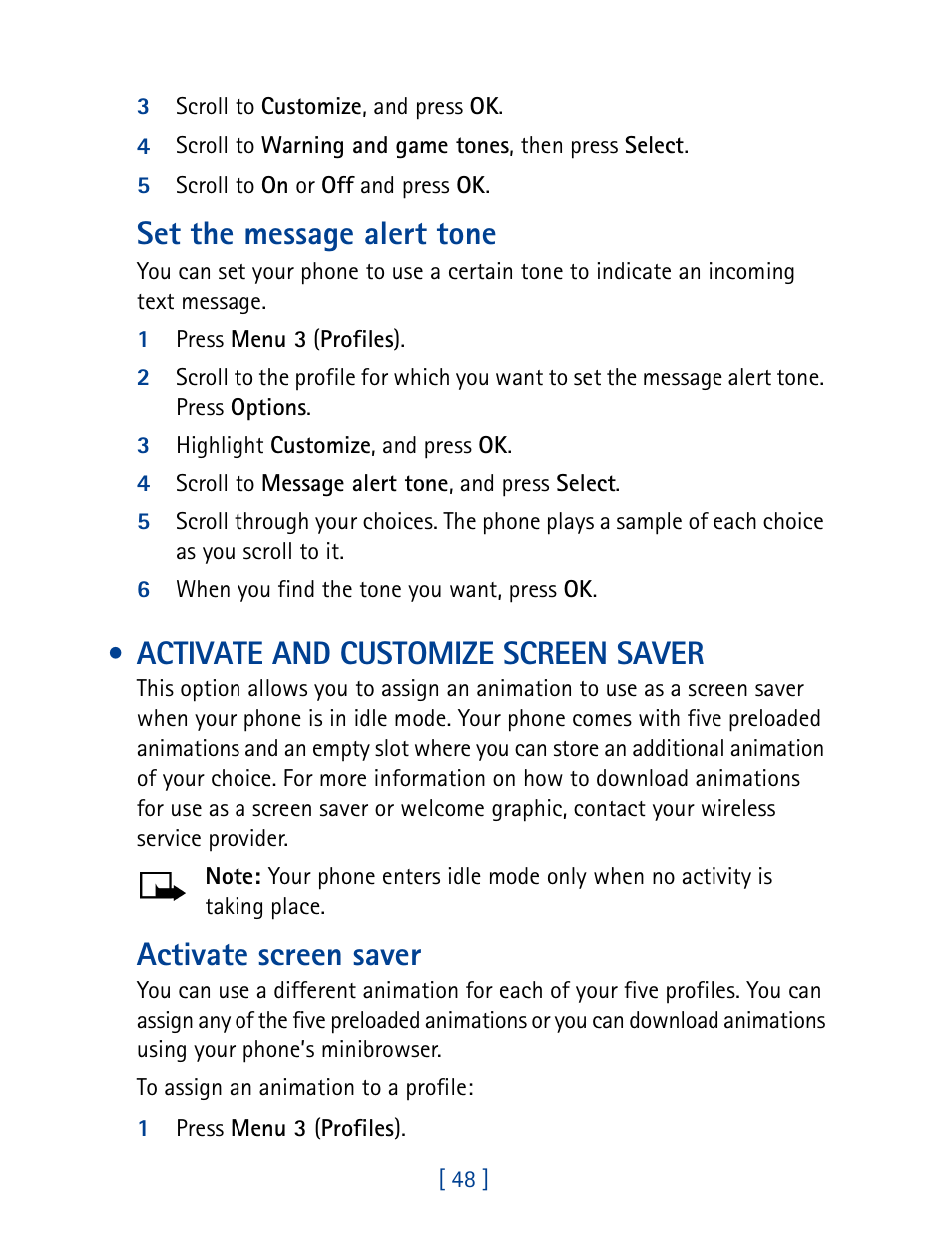 Activate and customize screen saver, Set the message alert tone, Activate screen saver | Nokia 8270 User Manual | Page 59 / 153