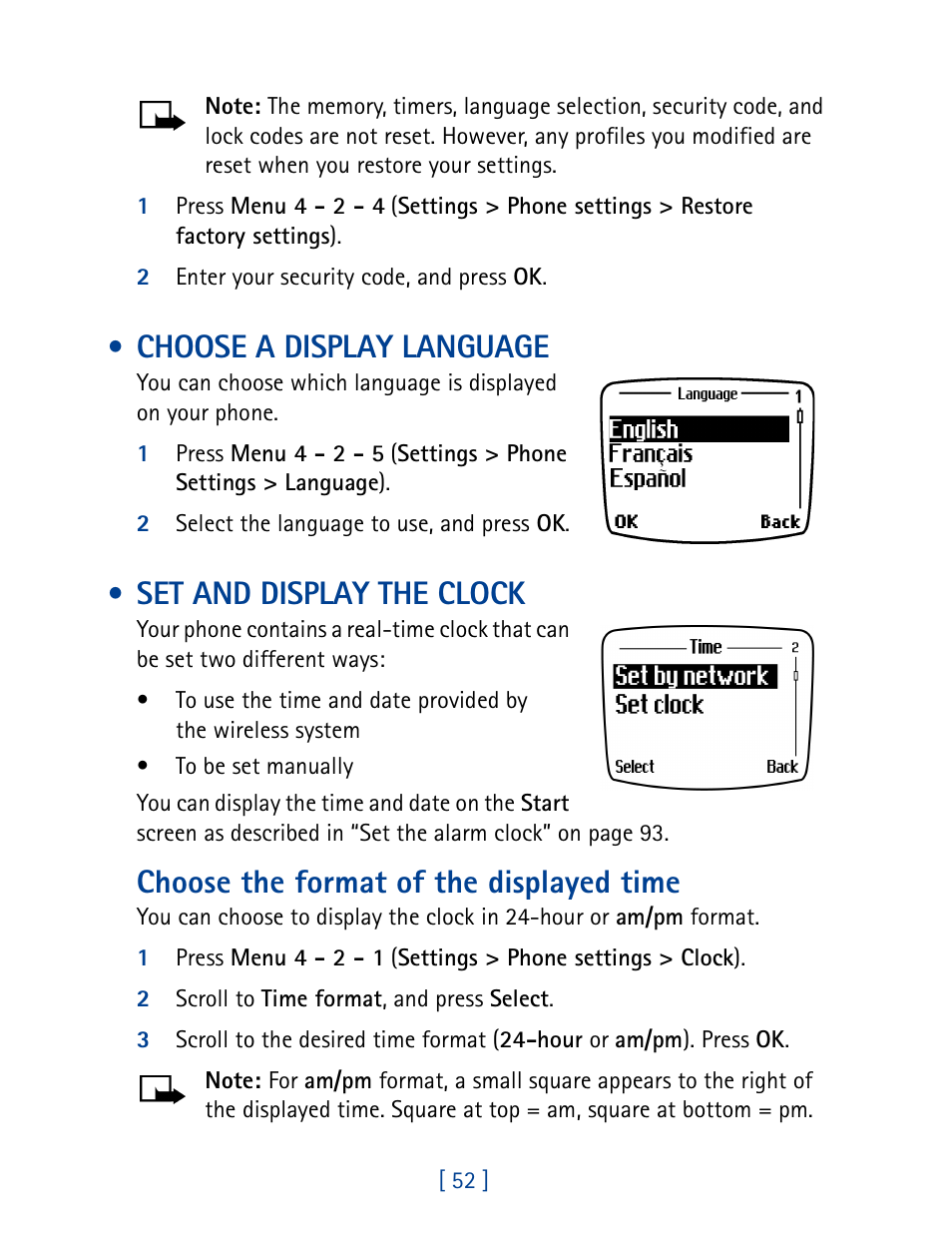 Choose a display language, Set and display the clock, Choose the format of the displayed time | Nokia 8270 User Manual | Page 63 / 153
