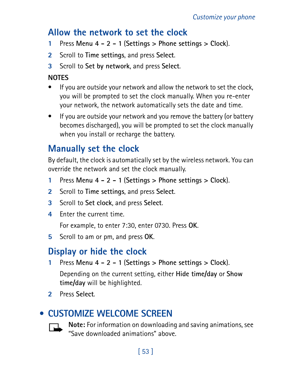 Customize welcome screen, Allow the network to set the clock, Manually set the clock | Display or hide the clock | Nokia 8270 User Manual | Page 64 / 153