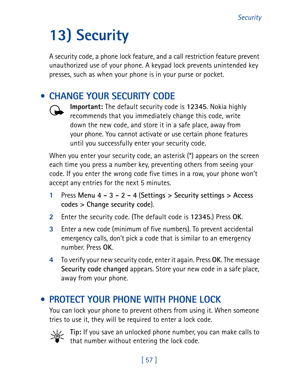 13) security, Change your security code, Protect your phone with phone lock | Nokia 8270 User Manual | Page 68 / 153