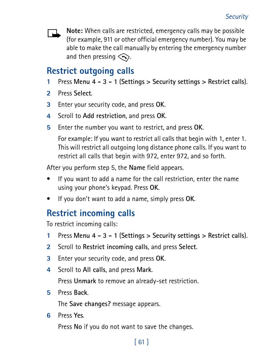 Restrict outgoing calls, Restrict incoming calls | Nokia 8270 User Manual | Page 72 / 153