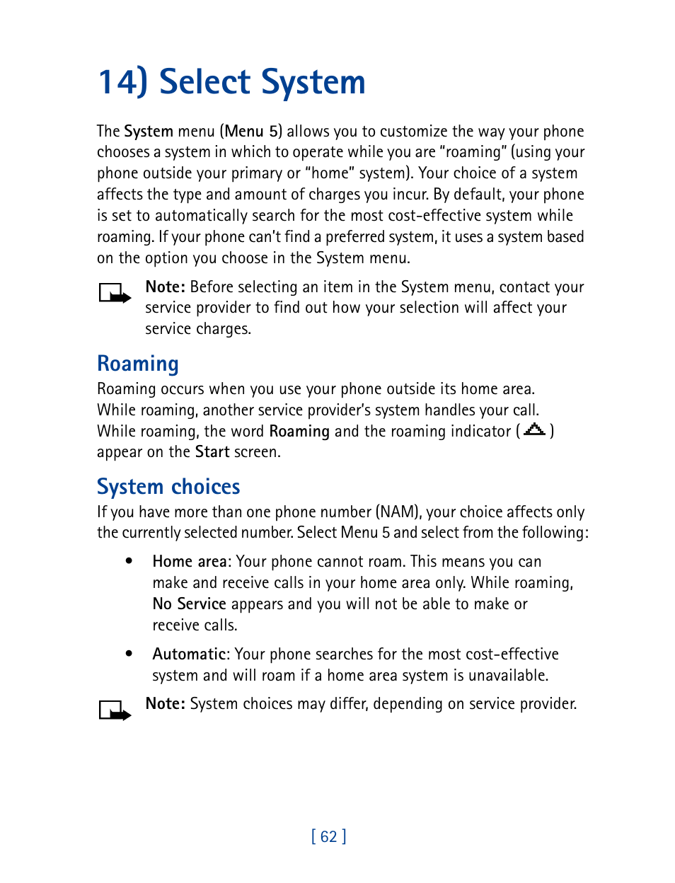 14) select system, Roaming, System choices | Nokia 8270 User Manual | Page 73 / 153