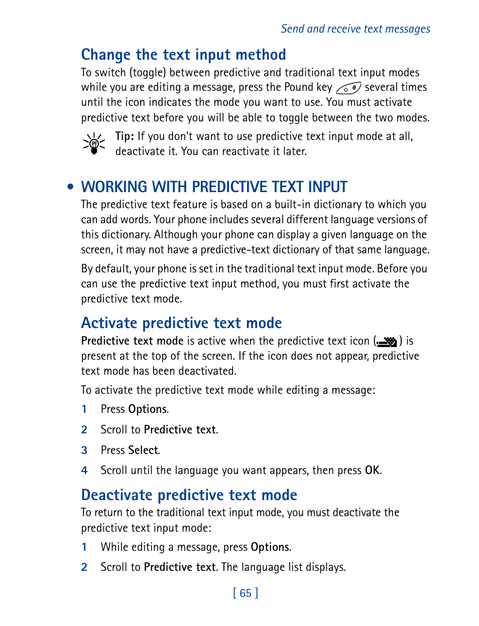 Working with predictive text input, Change the text input method, Activate predictive text mode | Deactivate predictive text mode | Nokia 8270 User Manual | Page 76 / 153