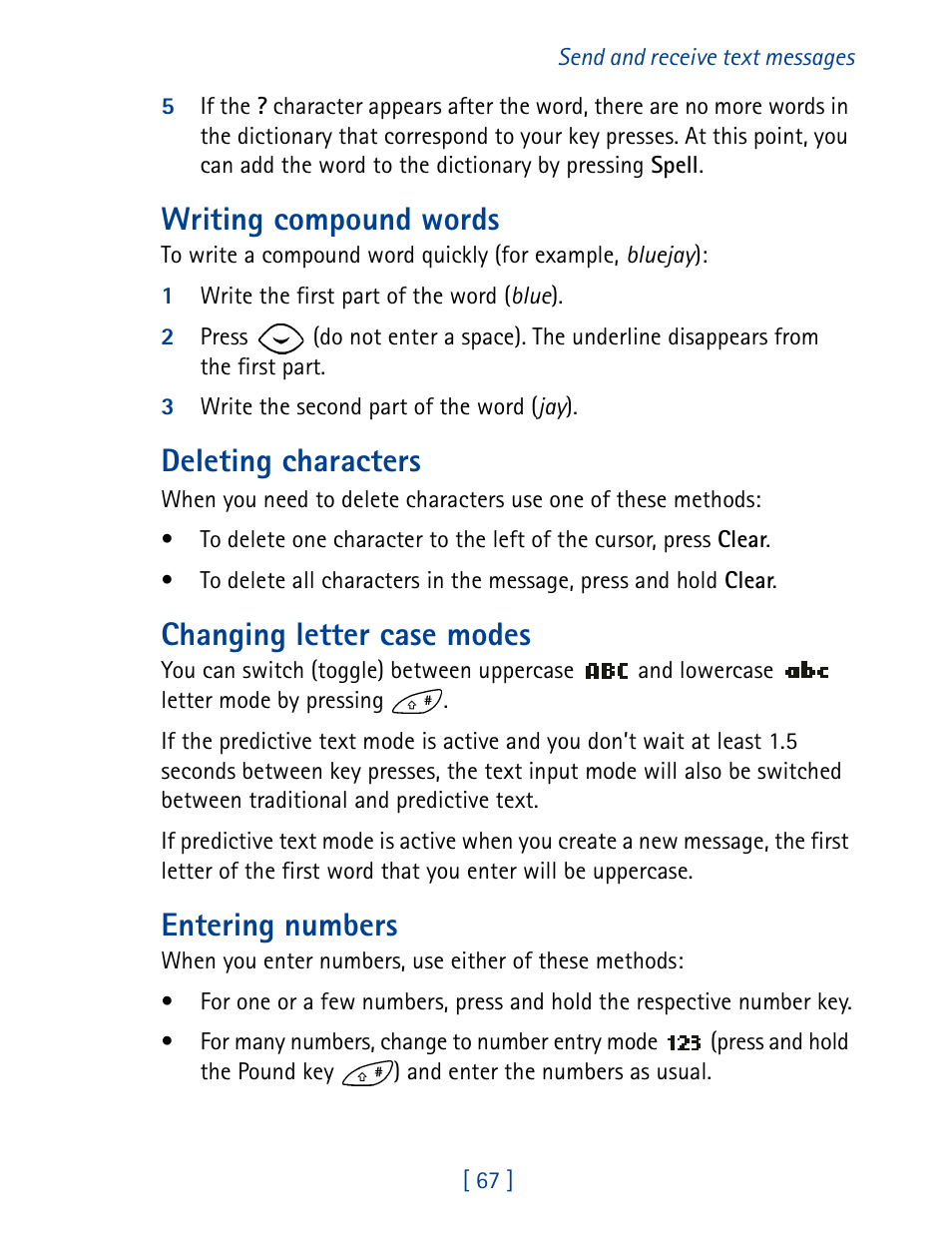 Writing compound words, Deleting characters, Changing letter case modes | Entering numbers | Nokia 8270 User Manual | Page 78 / 153