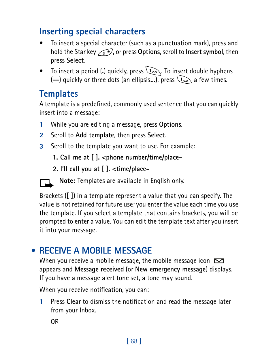 Receive a mobile message, Inserting special characters, Templates | Nokia 8270 User Manual | Page 79 / 153