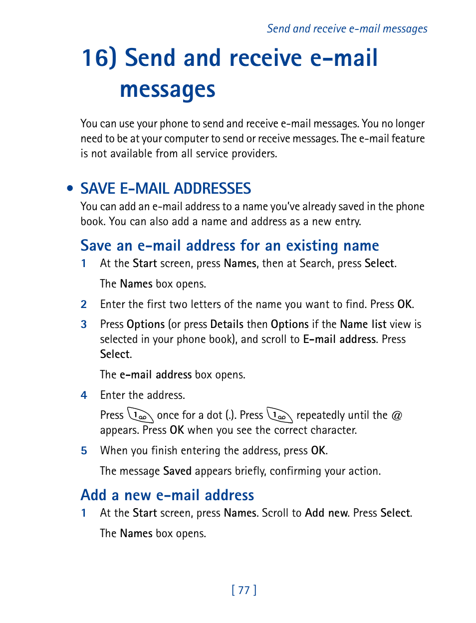16) send and receive e-mail messages, Save e-mail addresses, Save an e-mail address for an existing name | Add a new e-mail address | Nokia 8270 User Manual | Page 88 / 153