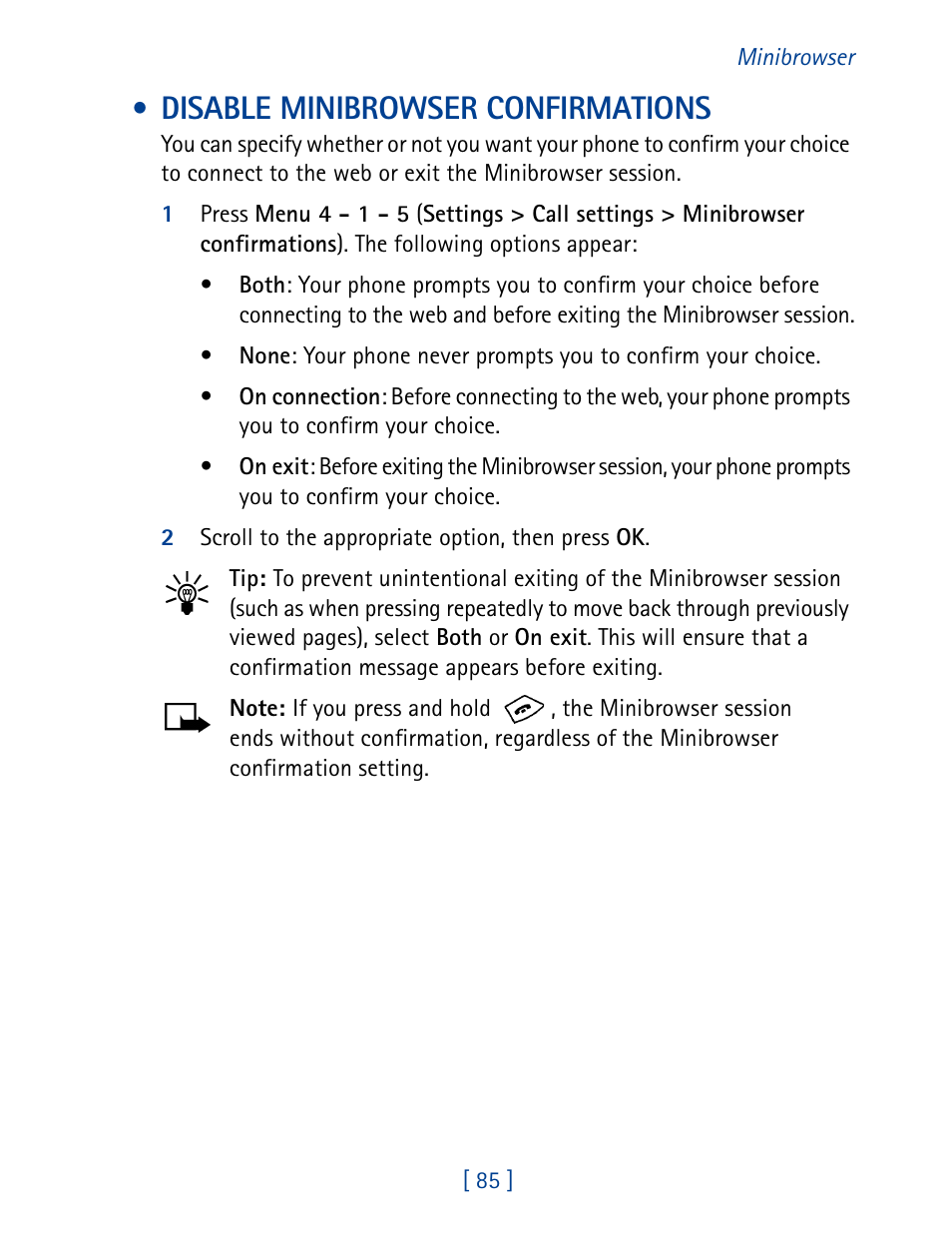 Disable minibrowser confirmations | Nokia 8270 User Manual | Page 96 / 153