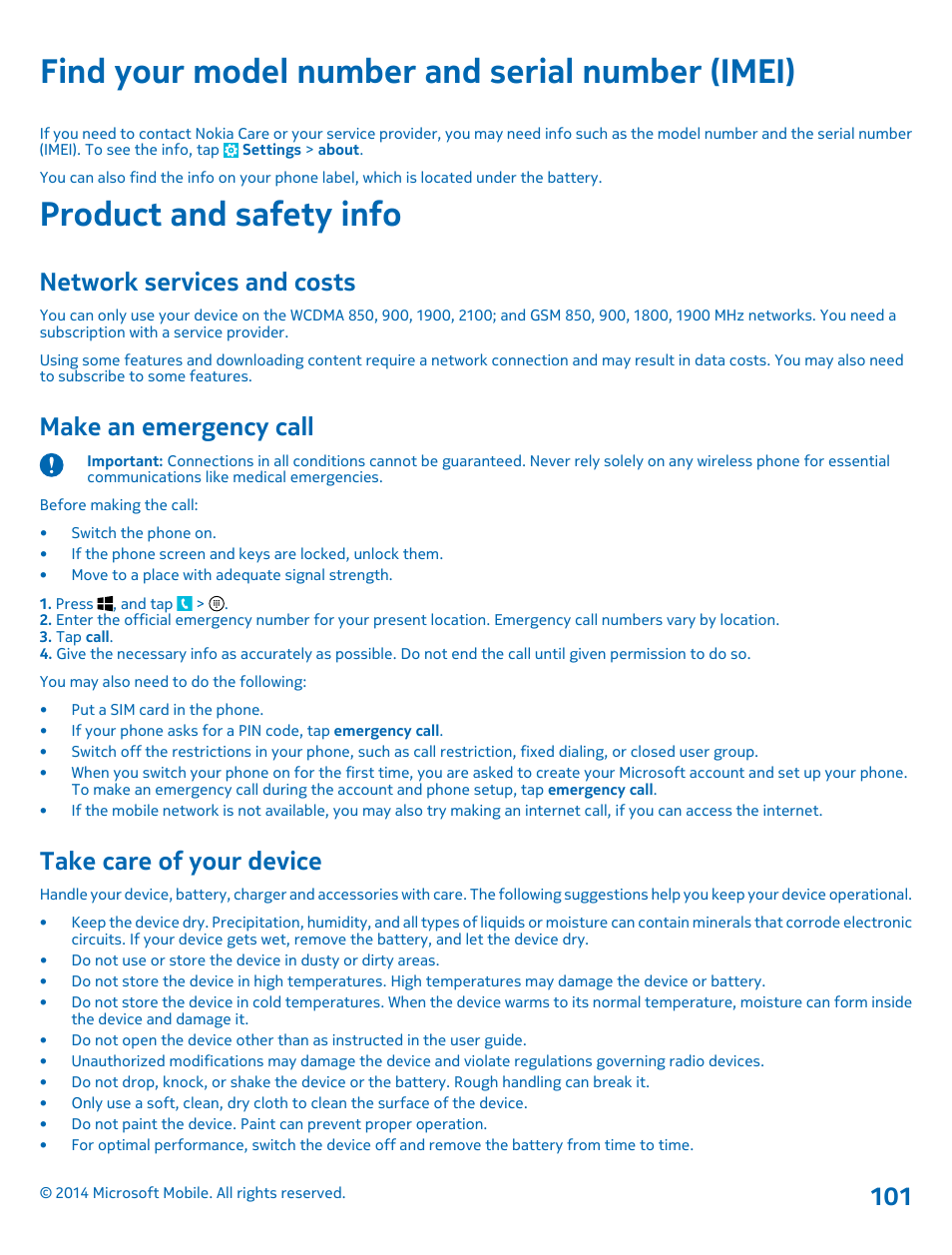Find your model number and serial number (imei), Product and safety info, Network services and costs | Make an emergency call, Take care of your device, Find your model number and serial, Number (imei) | Nokia Lumia 530 User Manual | Page 101 / 105
