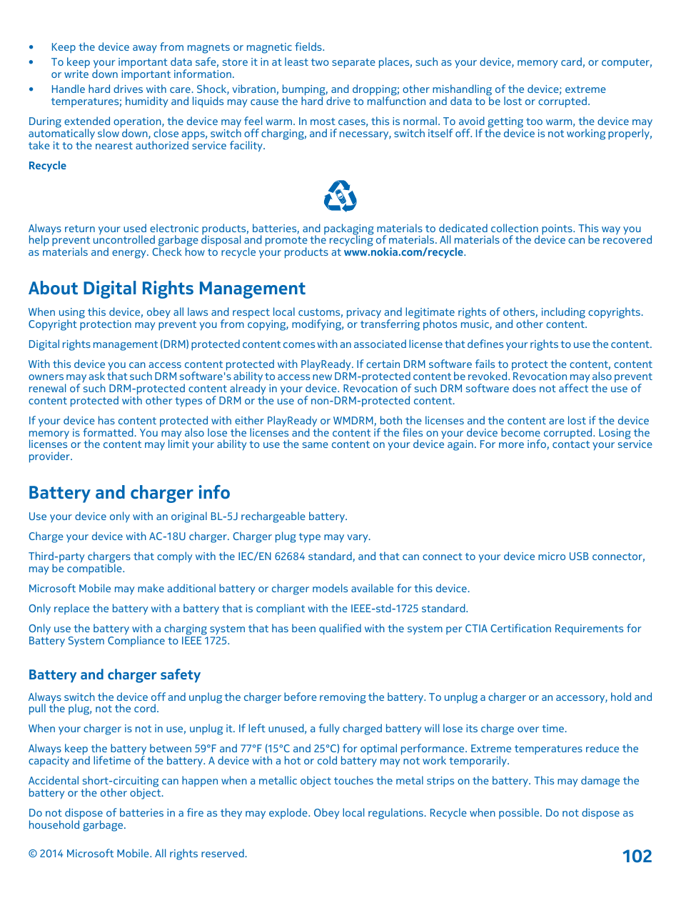 About digital rights management, Battery and charger info, Battery and charger safety | Nokia Lumia 530 User Manual | Page 102 / 105