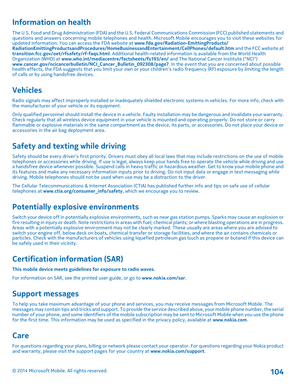 Information on health, Vehicles, Safety and texting while driving | Potentially explosive environments, Certification information (sar), Support messages, Care | Nokia Lumia 530 User Manual | Page 104 / 105