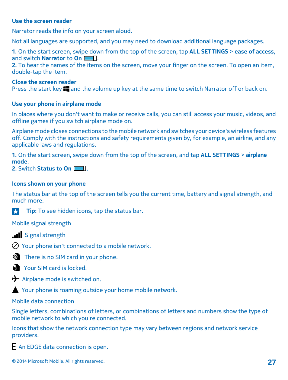 Use the screen reader, Use your phone in airplane mode, Icons shown on your phone | Nokia Lumia 530 User Manual | Page 27 / 105