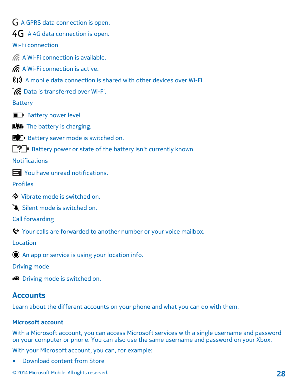 Accounts, Microsoft account | Nokia Lumia 530 User Manual | Page 28 / 105