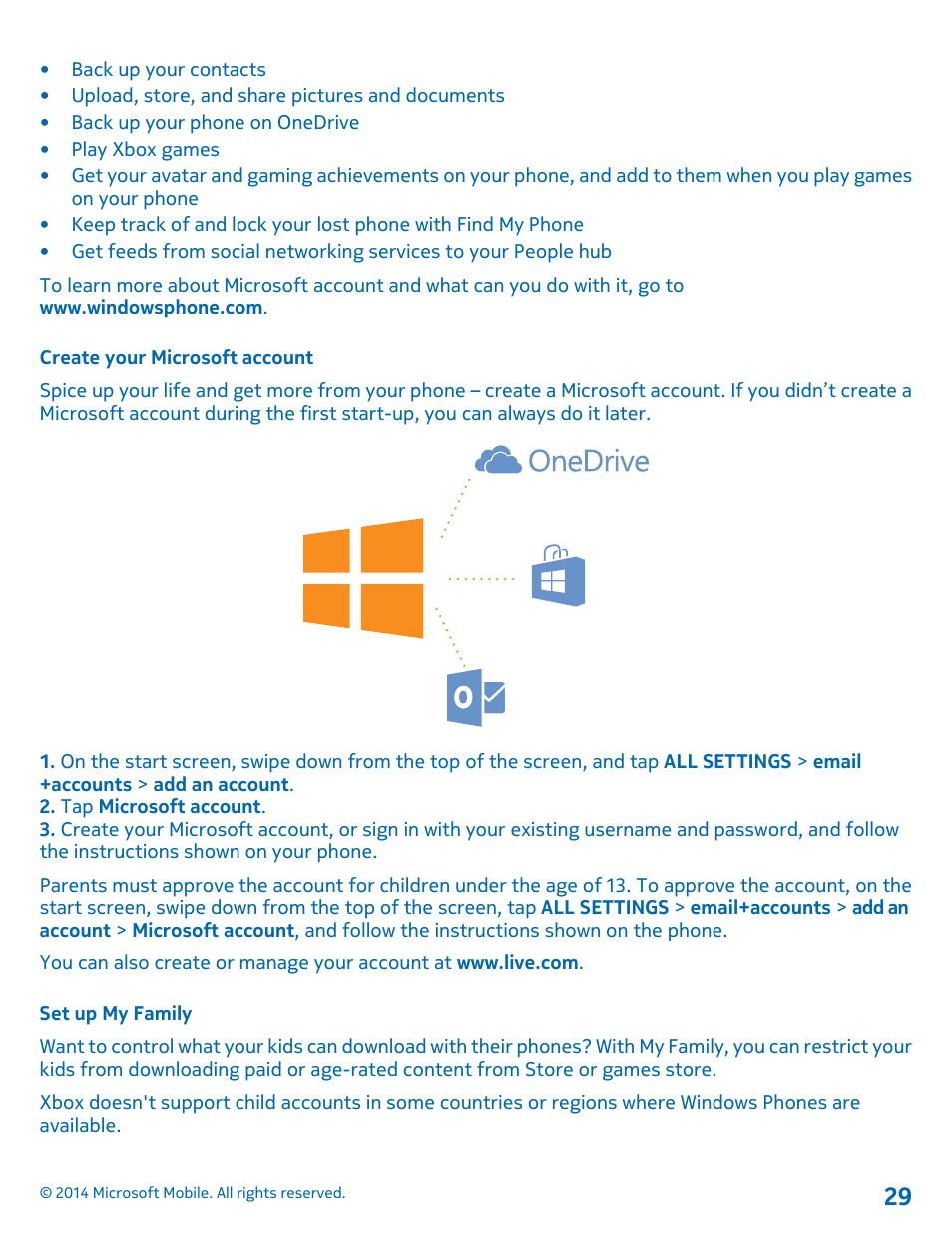 Create your microsoft account, Set up my family | Nokia Lumia 530 User Manual | Page 29 / 105