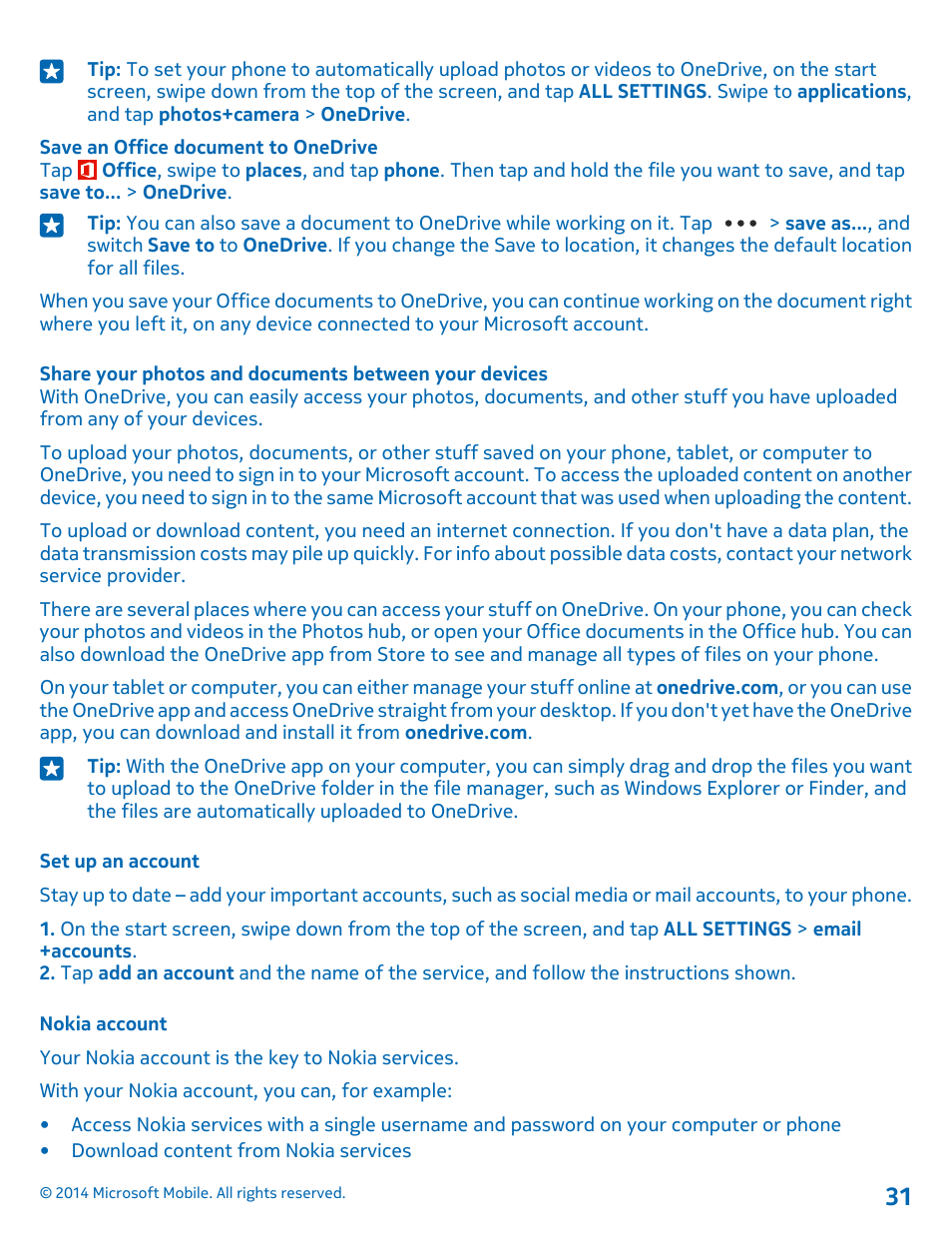 Set up an account, Nokia account | Nokia Lumia 530 User Manual | Page 31 / 105